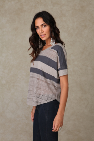 We the Free Lace & Stripe Short Sleeve Top