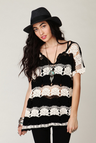 Short Sleeve Crochet Stripe Tunic