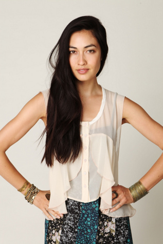 FP New Romantics High Low Sheer Ruffle Buttondown Top