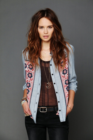 Chambray Bandana Inset Buttondown Top
