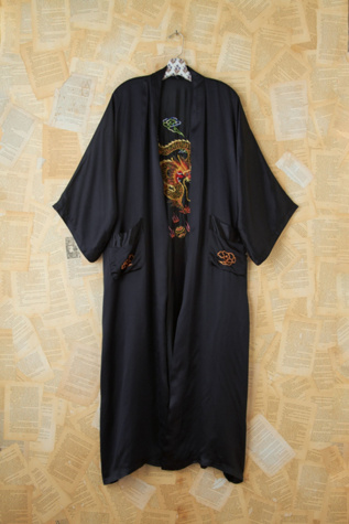 Free People Vintage Black Silk Embroidered Dragon Kimono in vintage-jackets