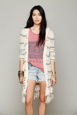 Free People Hooded Stripe Fringe Cardi in cardigan-sweaters