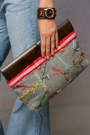Reverse Embroidered Wood Handle Clutch